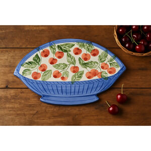 Vintage Italian Ceramic Trivet – Hand Painted Blue Basket with Red Cherries